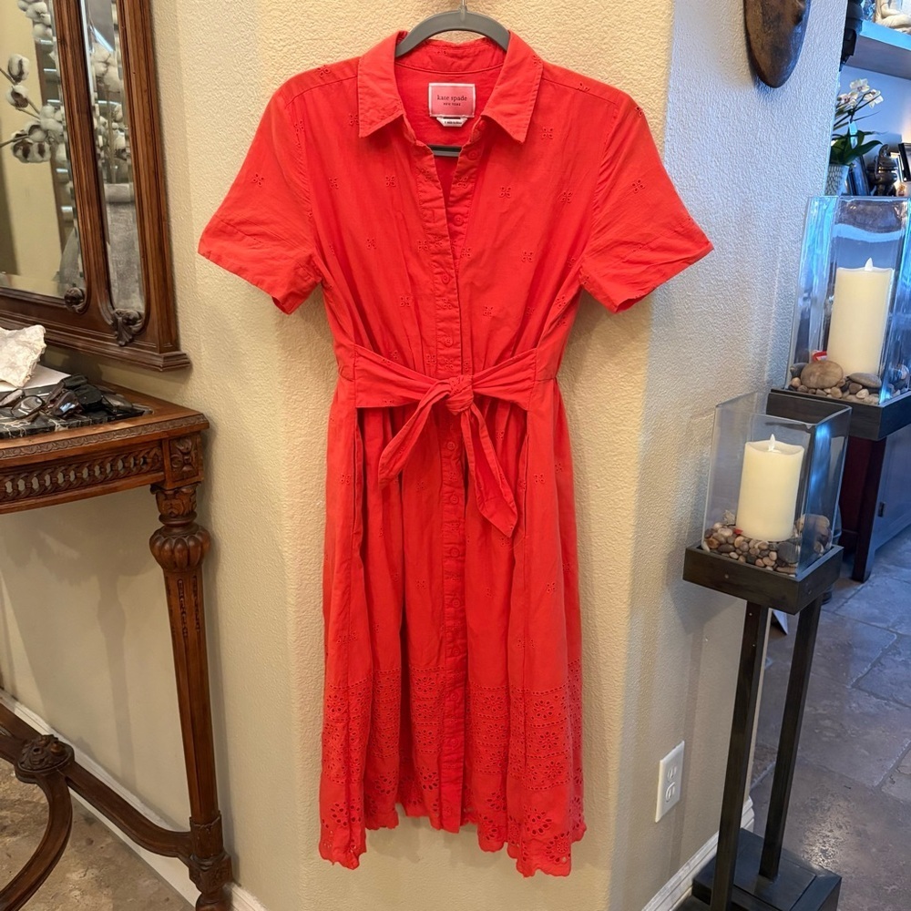 KATE SPADE Women Orange Eyelet Tie-Waist Button Midi Shirt Dress Size Small